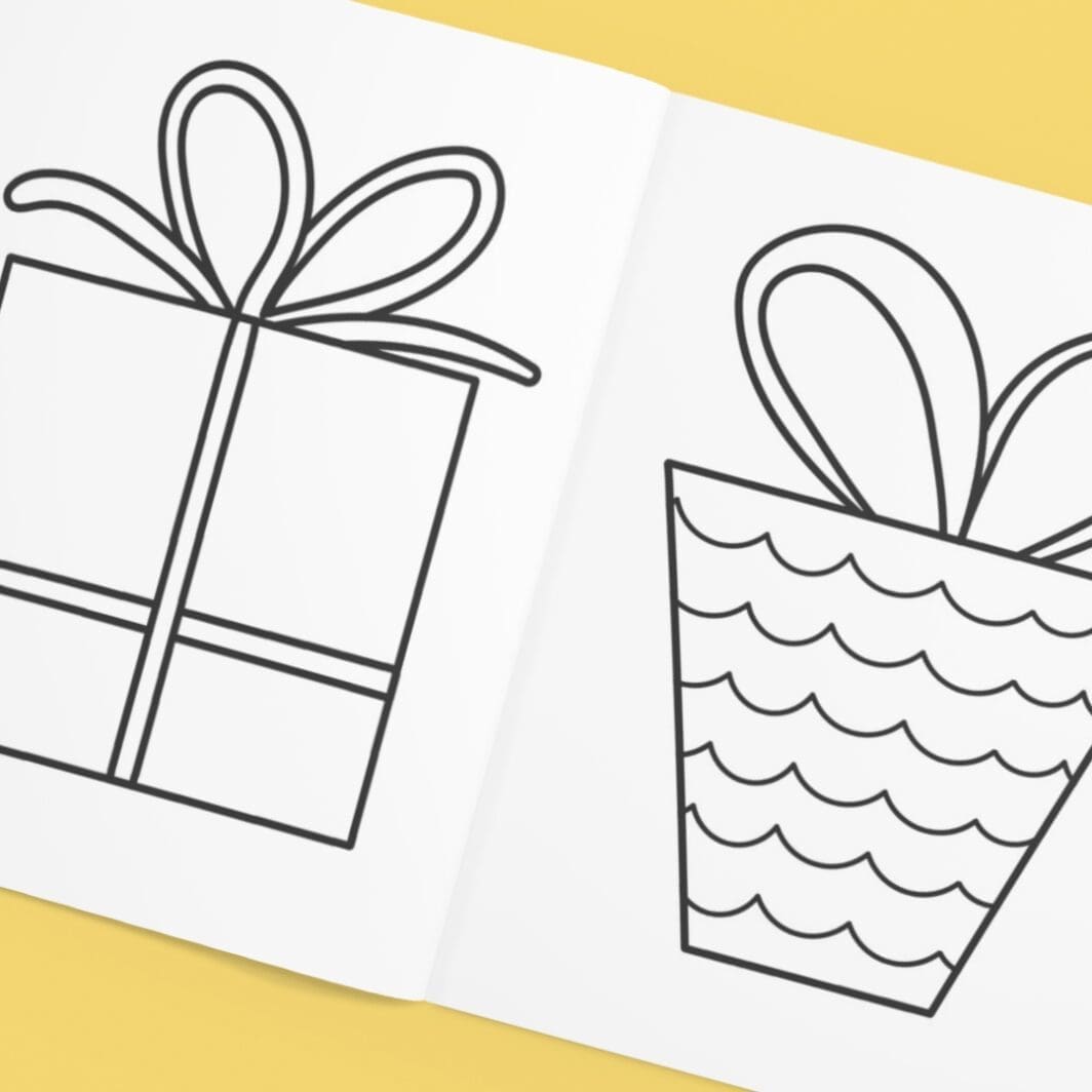 Printable gift boxes coloring pages for toddlers and preschool kids – 15 simple gift box designs with bold outlines for easy coloring.