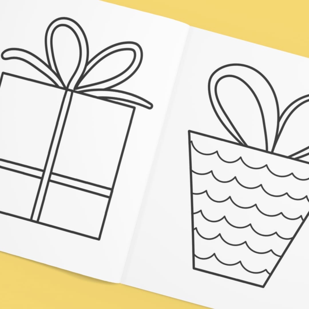 Printable gift boxes coloring pages for toddlers and preschool kids – 15 simple gift box designs with bold outlines for easy coloring.