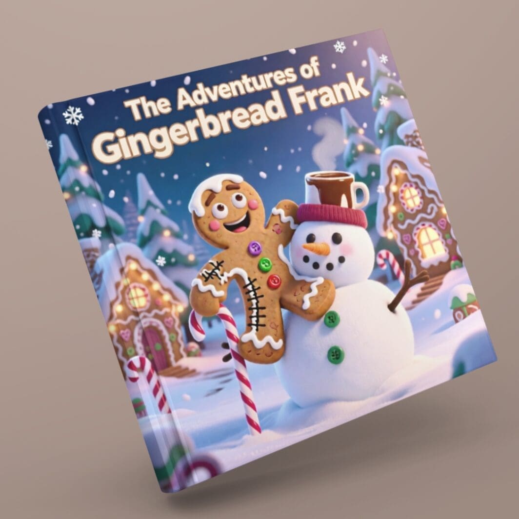 Cover illustration of The Adventures of Gingerbread Frank, a Christmas storybook for kids featuring a smiling gingerbread cookie with a stitched frosting leg and a candy cane crutch standing in a snowy bakery scene with twinkling lights