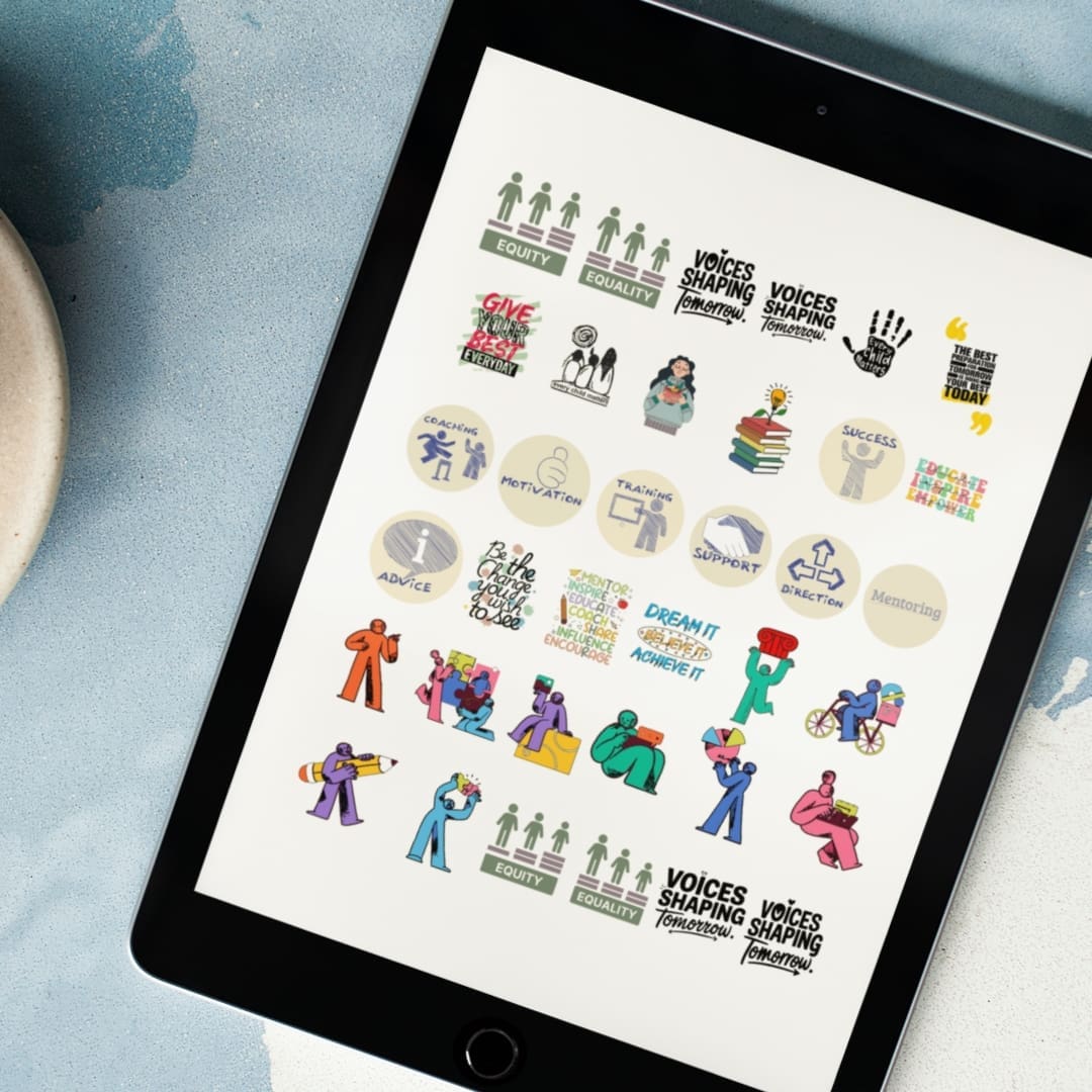 A collection of 35 colorful education-themed stickers arranged in rows, featuring icons and illustrations about equity, equality, motivation, coaching, mentoring, training, success, youth empowerment, creativity, and teamwork. Designs include phrases like ‘Voices Shaping Tomorrow,’ ‘Educate Inspire Empower,’ ‘Give Your Best Everyday,’ and various illustrated characters learning, collaborating, cycling, drawing, and holding books. The stickers use a mix of modern graphics, pastel tones, and bold colors.