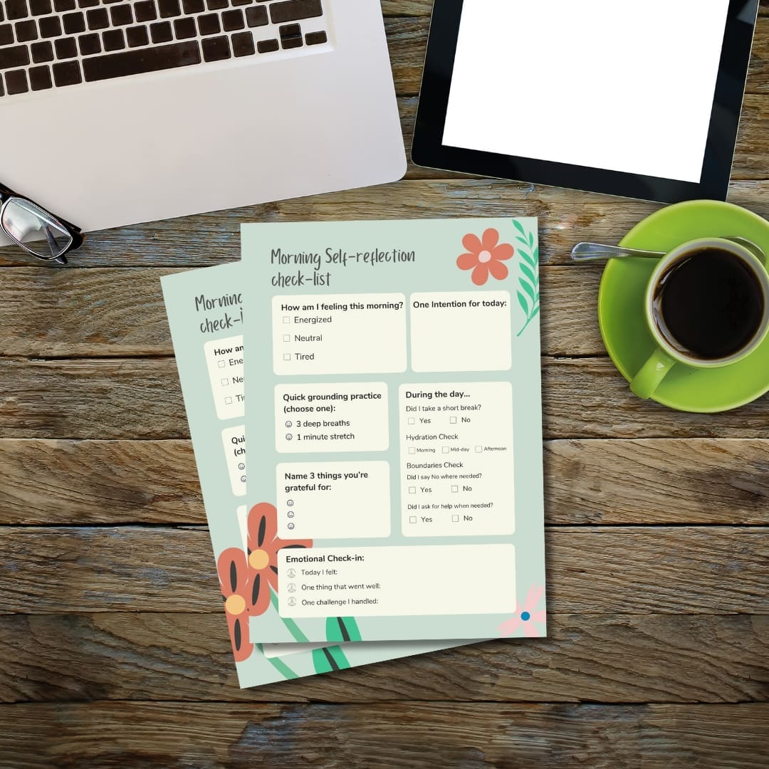 Morning Self-Reflection Check-List printable PDF with mood checkboxes, intention setting box, grounding practice options, gratitude prompts, hydration and boundaries check, and emotional check-in layout with floral pastel design