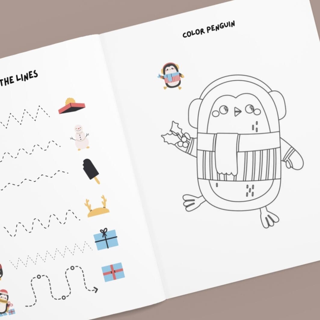 Penguin Christmas Activity Sheets cover showing cute cartoon penguin with festive holiday elements, previewing 24 printable preschool worksheets for kids