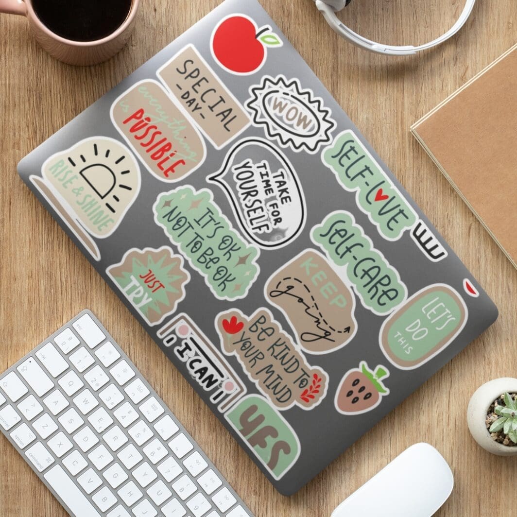 A collection of 27 aesthetic motivational stickers featuring positive quotes, self-care messages, and cute doodle illustrations displayed in a grid layout.