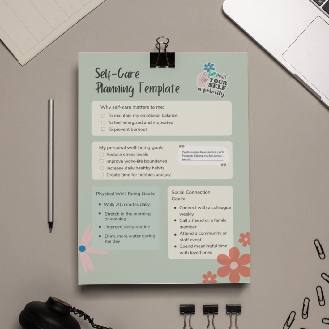 Self-Care Planning Template printable PDF with emotional balance checklist, personal well-being goals, physical wellness goals, social connection goals, and pastel floral self-care worksheet design