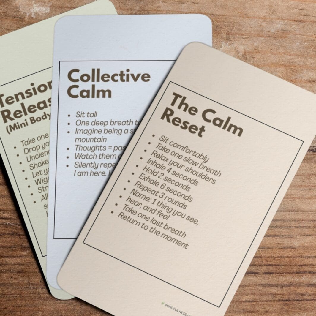 Mindfulness Card Set A5 featuring calming guided exercises including The Calm Reset, Gratitude Glow, Tension Release, Safe and Quiet Space, and Collective Calm displayed in minimalist pastel designs for stress relief and mental wellness
