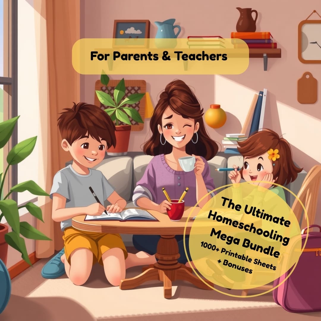 The Ultimate Homeschooling Mega Bundle Cover image of a printable activity sheets bundle for children ages 2 to 5, featuring colorful illustrations, shapes, and playful designs that highlight early learning activities such as coloring, matching, tracing, and sorting.