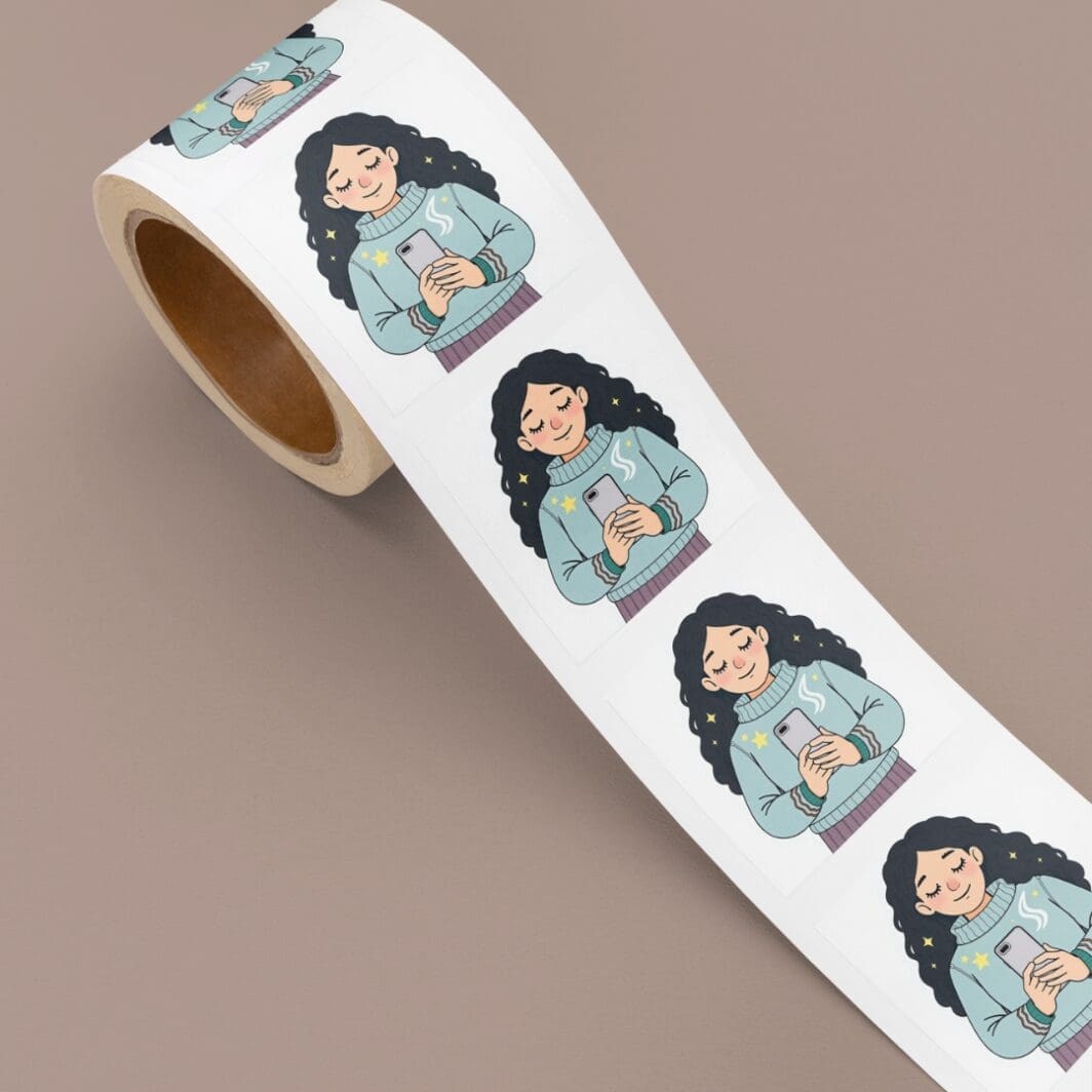 The Wellbeing Girl Stickers pack featuring illustrated girl characters practicing self-care activities like journaling, drinking tea, reading, mindfulness, holding flowers, and wellness moments in a cute pastel aesthetic