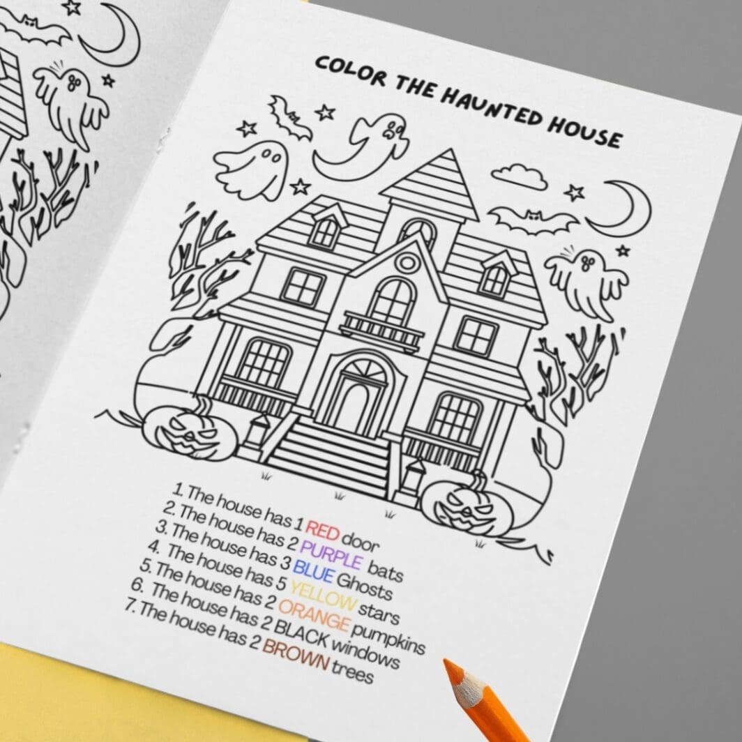 Printable Halloween color-by-instruction activity featuring a haunted house with ghosts, bats, pumpkins, stars, and trees for kids to color according to listed clues.