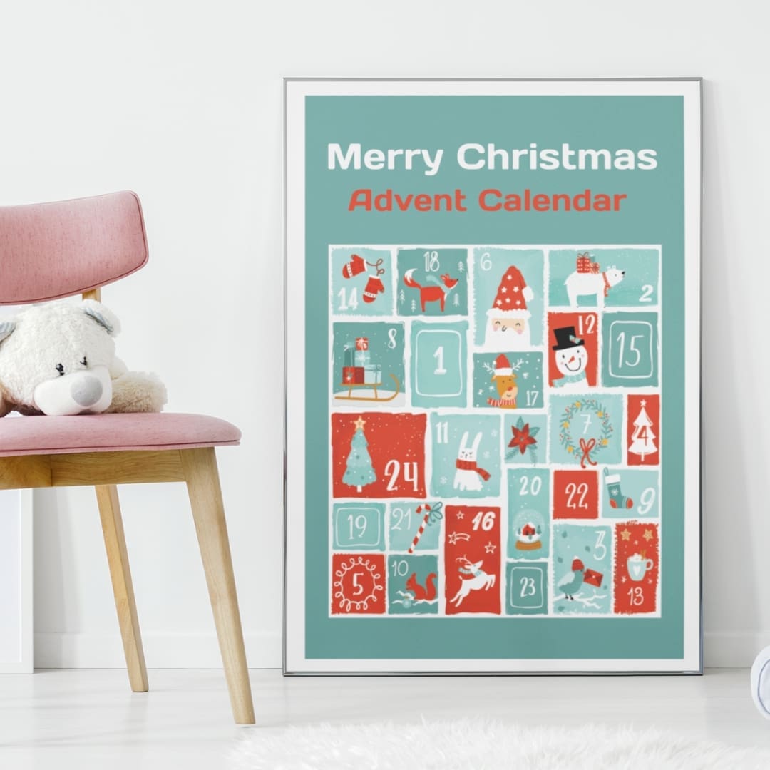 Printable Christmas Advent Calendar with 24 countdown boxes, festive holiday designs, kids and family activity calendar for December, digital download.