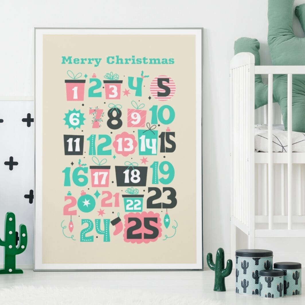 Printable Christmas Advent Calendar with 24 countdown boxes, festive holiday designs, kids and family activity calendar for December, digital download