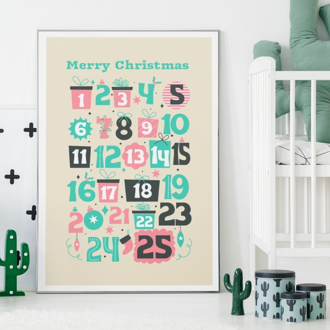 Printable Christmas Advent Calendar with 24 countdown boxes, festive holiday designs, kids and family activity calendar for December, digital download