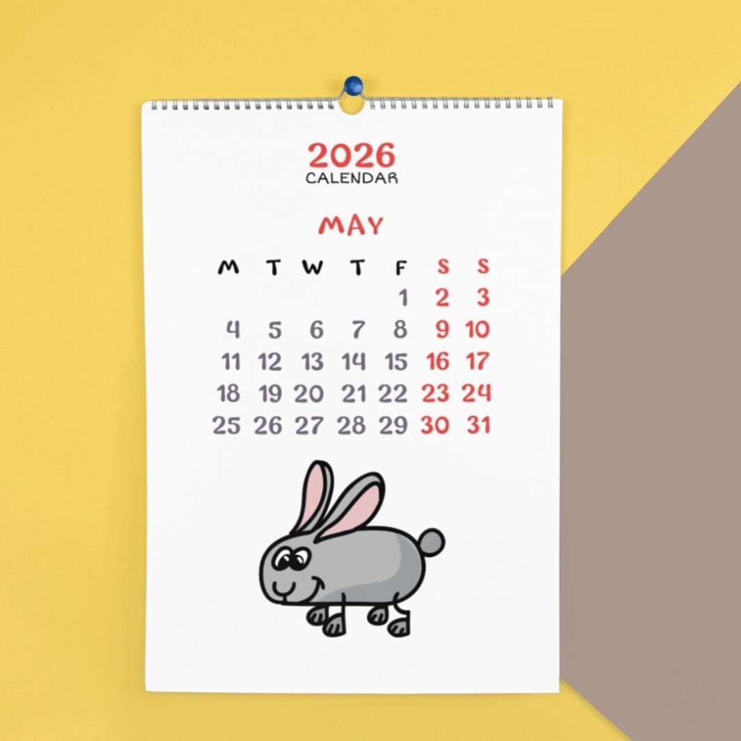 Cover page of the Animals Calendar 2026 featuring a cute illustrated dog and a simple monthly layout with playful, colorful typography.
