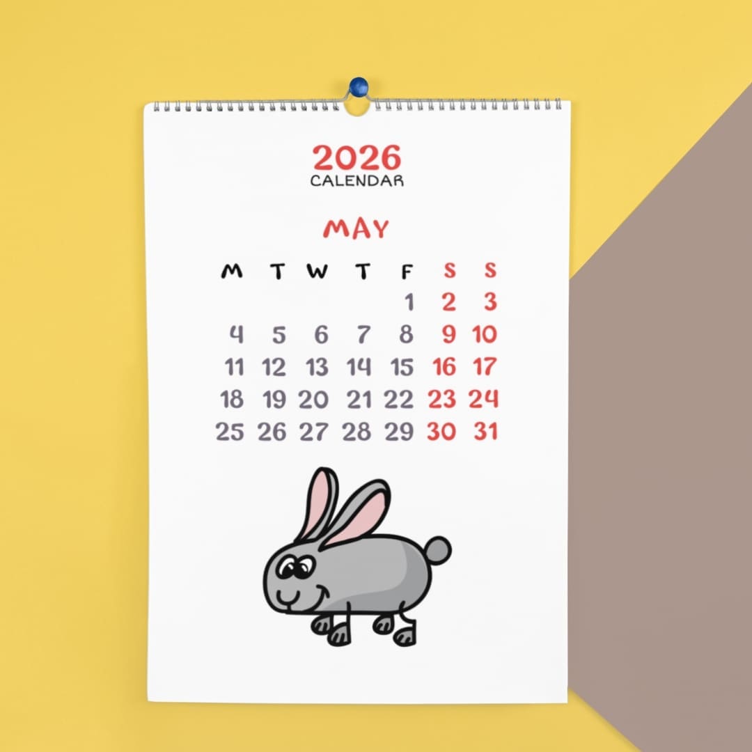 Cover page of the Animals Calendar 2026 featuring a cute illustrated dog and a simple monthly layout with playful, colorful typography.