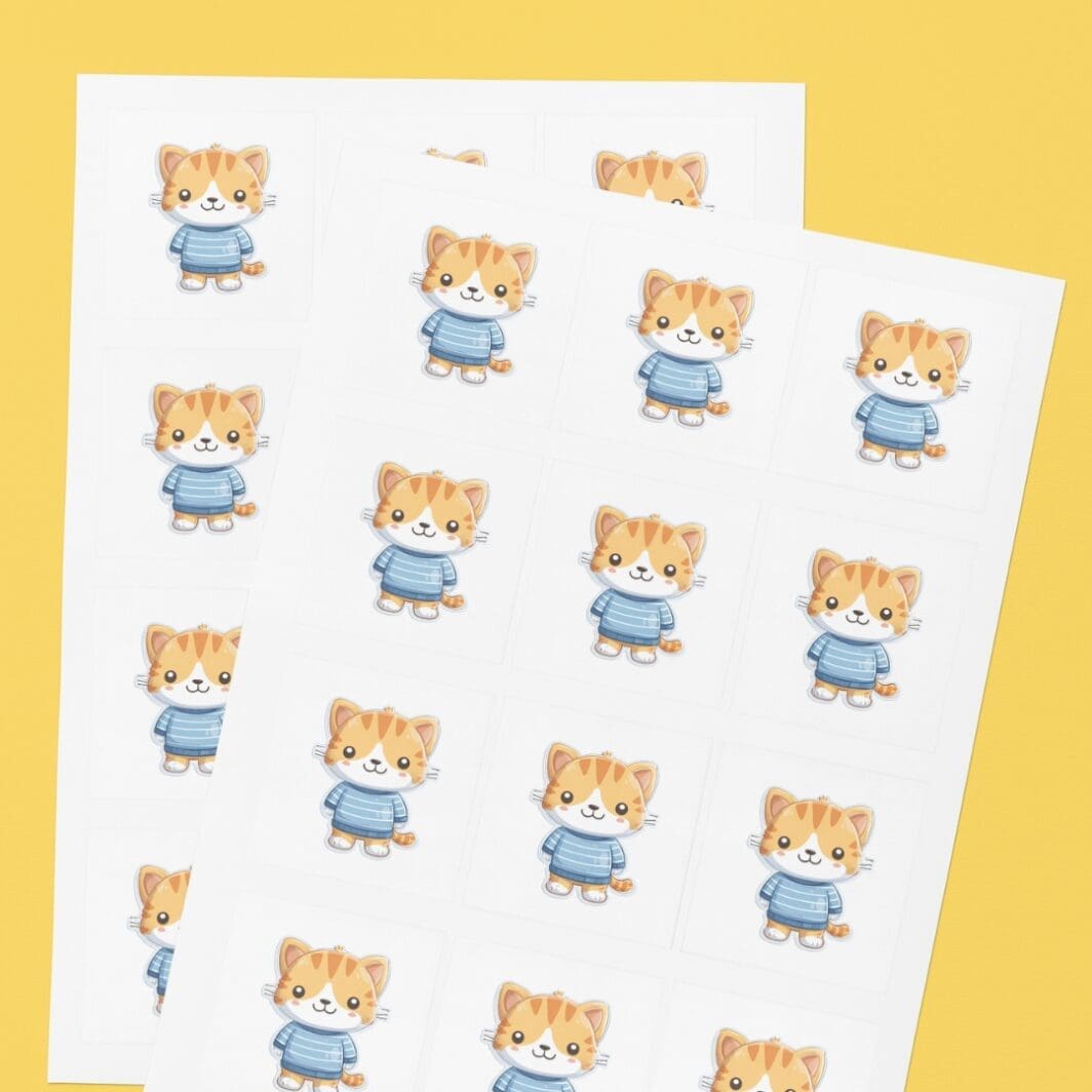Set of nine cute cartoon animal stickers wearing blue outfits, illustrated in a soft pastel style with rounded shapes and friendly expressions, arranged neatly on a white background