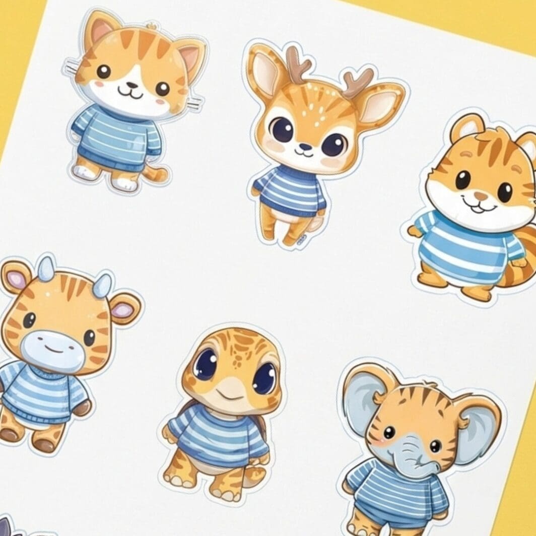 Set of nine cute cartoon animal stickers wearing blue outfits, illustrated in a soft pastel style with rounded shapes and friendly expressions, arranged neatly on a white background