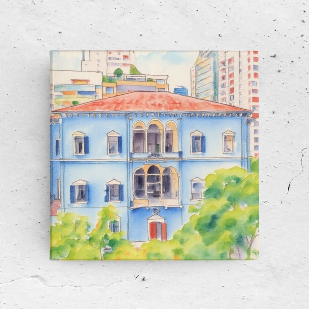 Square mixed-colors illustration of Beirut featuring iconic architecture and landmarks, capturing the city’s heritage, resilience, and vibrant urban life in a soft watercolor style