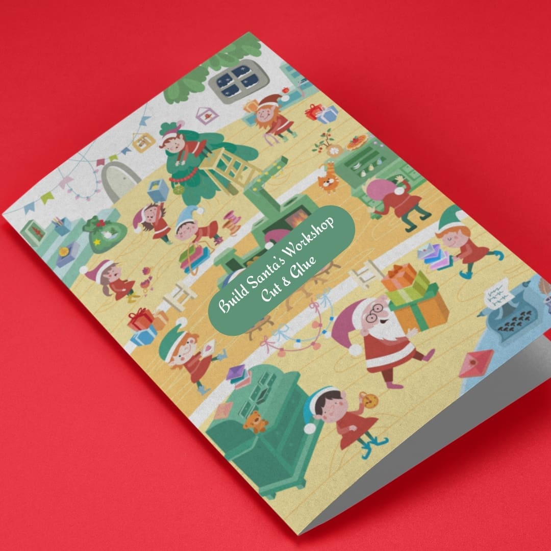 Transform the Santa character into a laminated, plastified paper cut-out, with a slightly glossy plastic surface, soft light reflections, and clean rounded edges like a classroom laminated card. Then glue the plastified Santa onto the workshop scene, making it look like it was manually pasted by hand. Add subtle glue marks, light shadow beneath the Santa cut-out, and a slight paper lift effect to show it is attached on top of the background. Keep the original colors, illustration style, and proportions exactly the same. Do not change the character design. The result should look like a kids’ Christmas craft activity, playful, neat, and realistic, as if Santa was laminated and glued onto the scene.