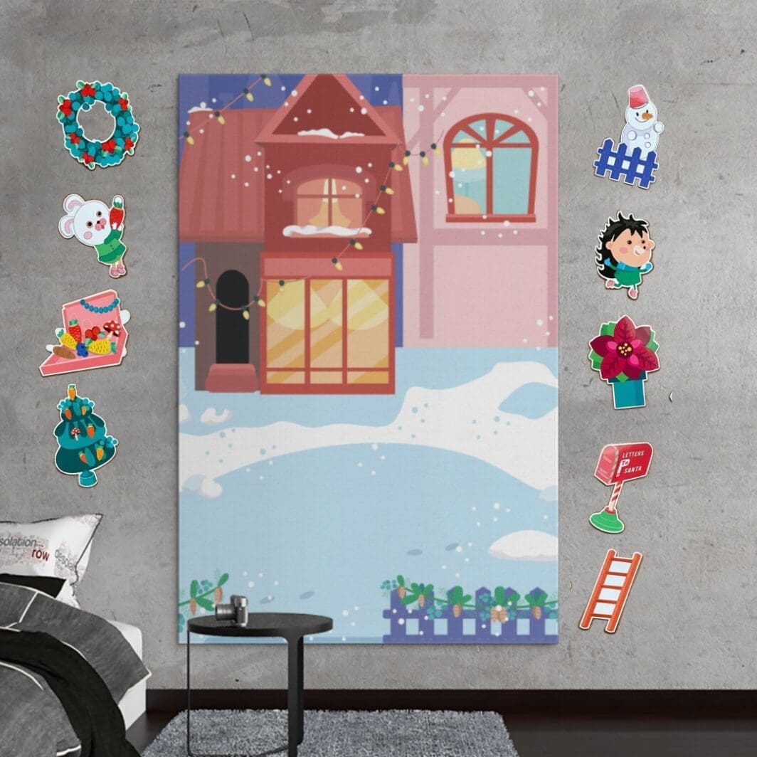 Children building a Christmas village in winter, decorating houses with lights and wreaths, carrying a Christmas tree, mailing a letter to Santa, and playing in the snow in a festive illustrated holiday scene.