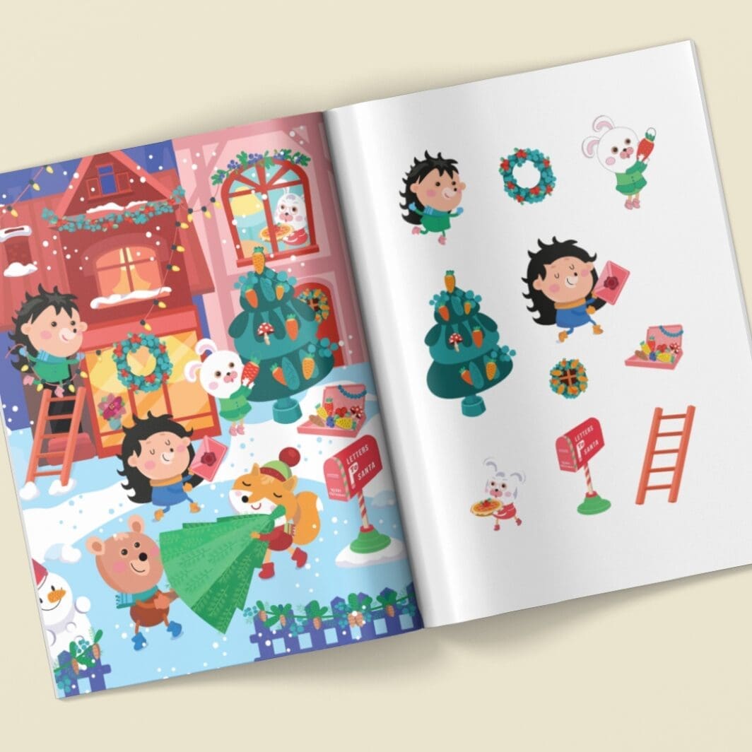 Children building a Christmas village in winter, decorating houses with lights and wreaths, carrying a Christmas tree, mailing a letter to Santa, and playing in the snow in a festive illustrated holiday scene.