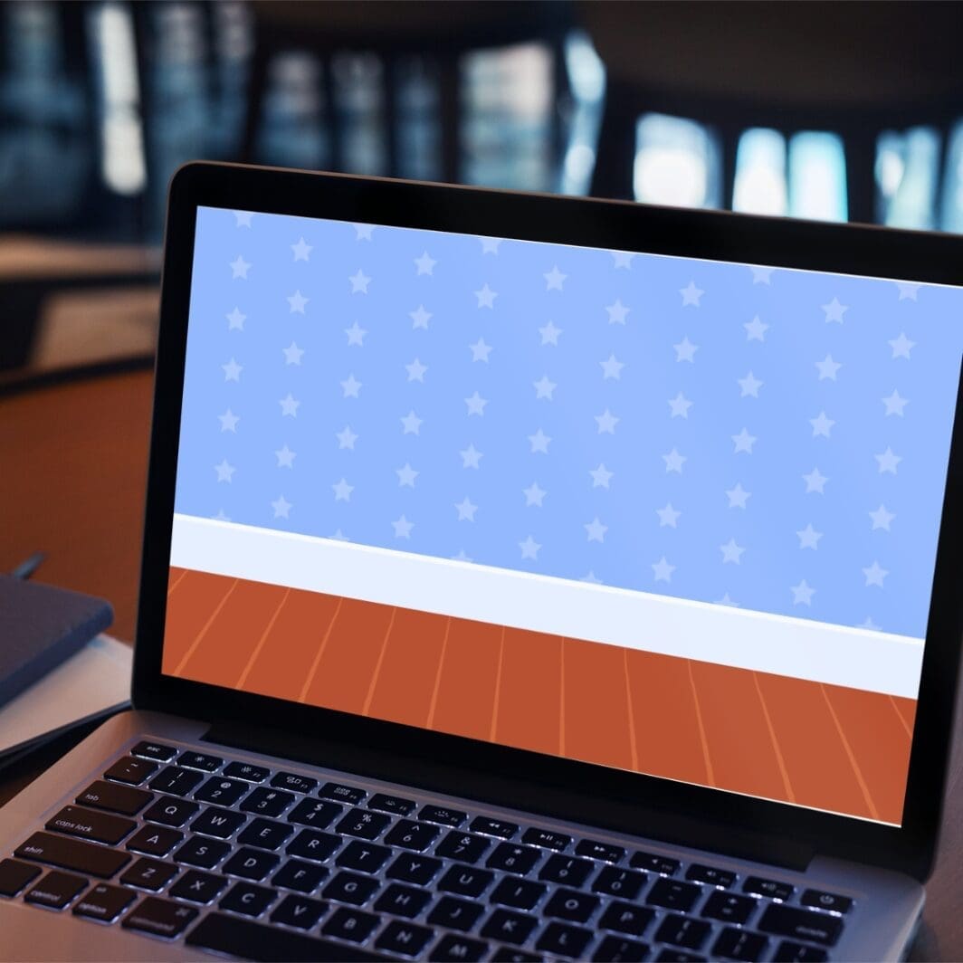 Printable children’s activity sheet showing a colorful playroom scene used for a “Build the Playroom” sticker activity, where kids match and place individual room items onto an empty playroom background.