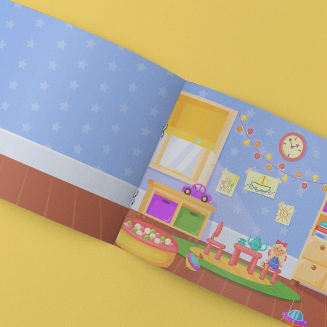Printable children’s activity sheet showing a colorful playroom scene used for a “Build the Playroom” sticker activity, where kids match and place individual room items onto an empty playroom background.
