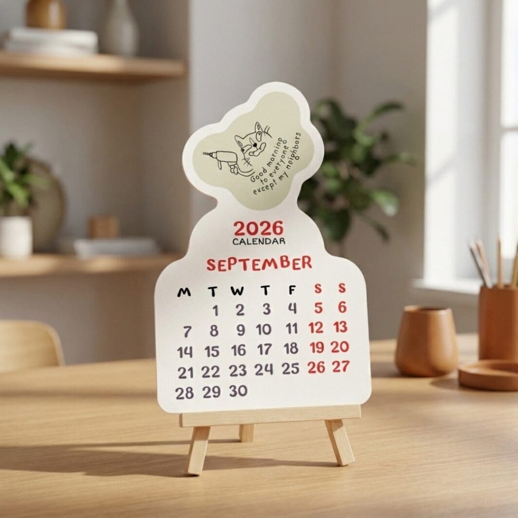 A small 2026 Cat-itude desk calendar displayed on a wooden easel, featuring a minimalist cat illustration and a monthly date layout in warm, cozy tones on a modern desk.