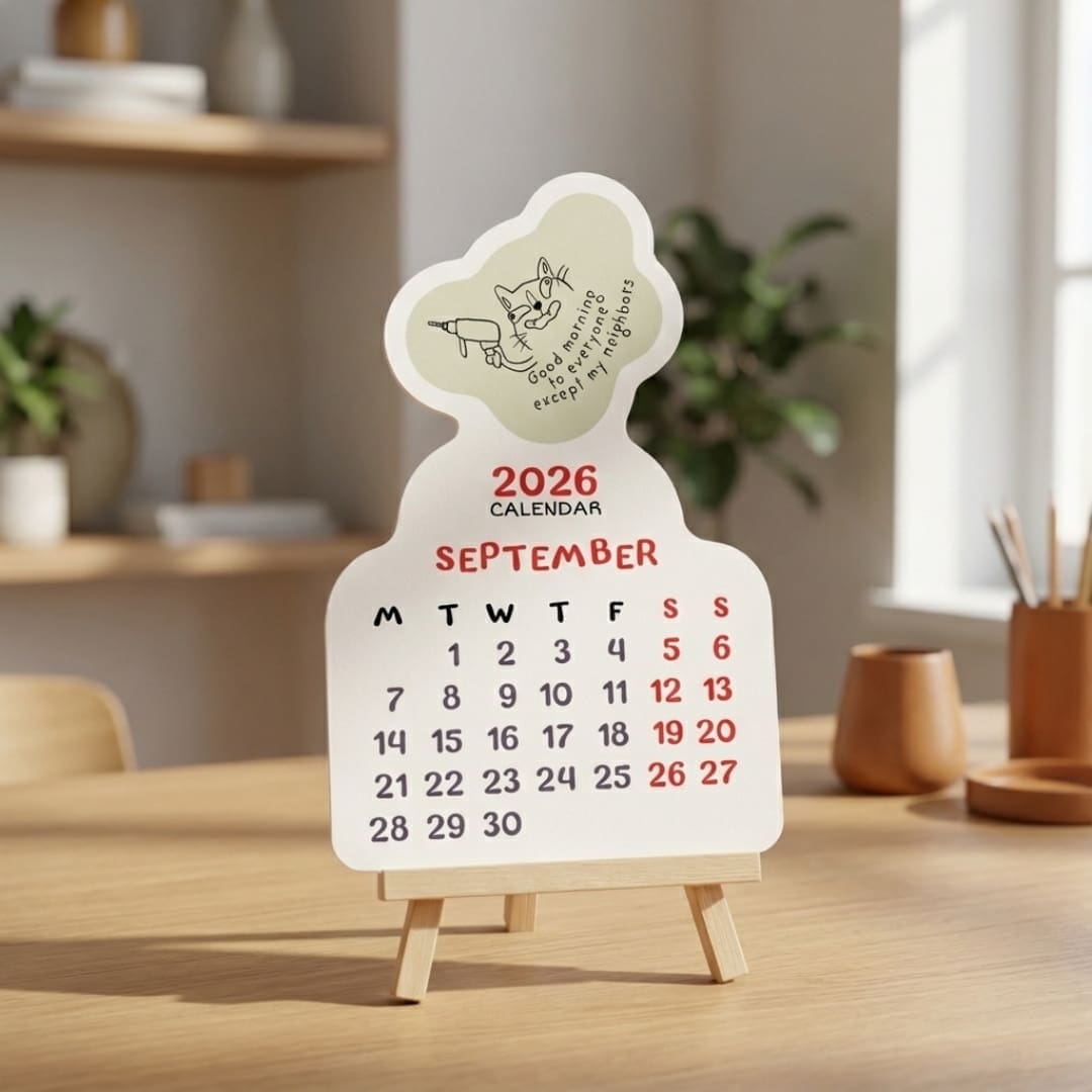 A small 2026 Cat-itude desk calendar displayed on a wooden easel, featuring a minimalist cat illustration and a monthly date layout in warm, cozy tones on a modern desk.