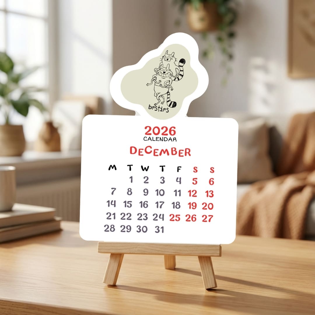 A small 2026 Cat-itude desk calendar displayed on a wooden easel, featuring a minimalist cat illustration and a monthly date layout in warm, cozy tones on a modern desk.