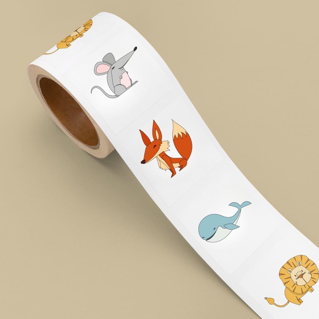 Cute Animals Stickers collection featuring eight hand-drawn cartoon animals including a sheep, tiger, lion, fox, dog, mouse, pig, and dolphin displayed in a clean white layout.