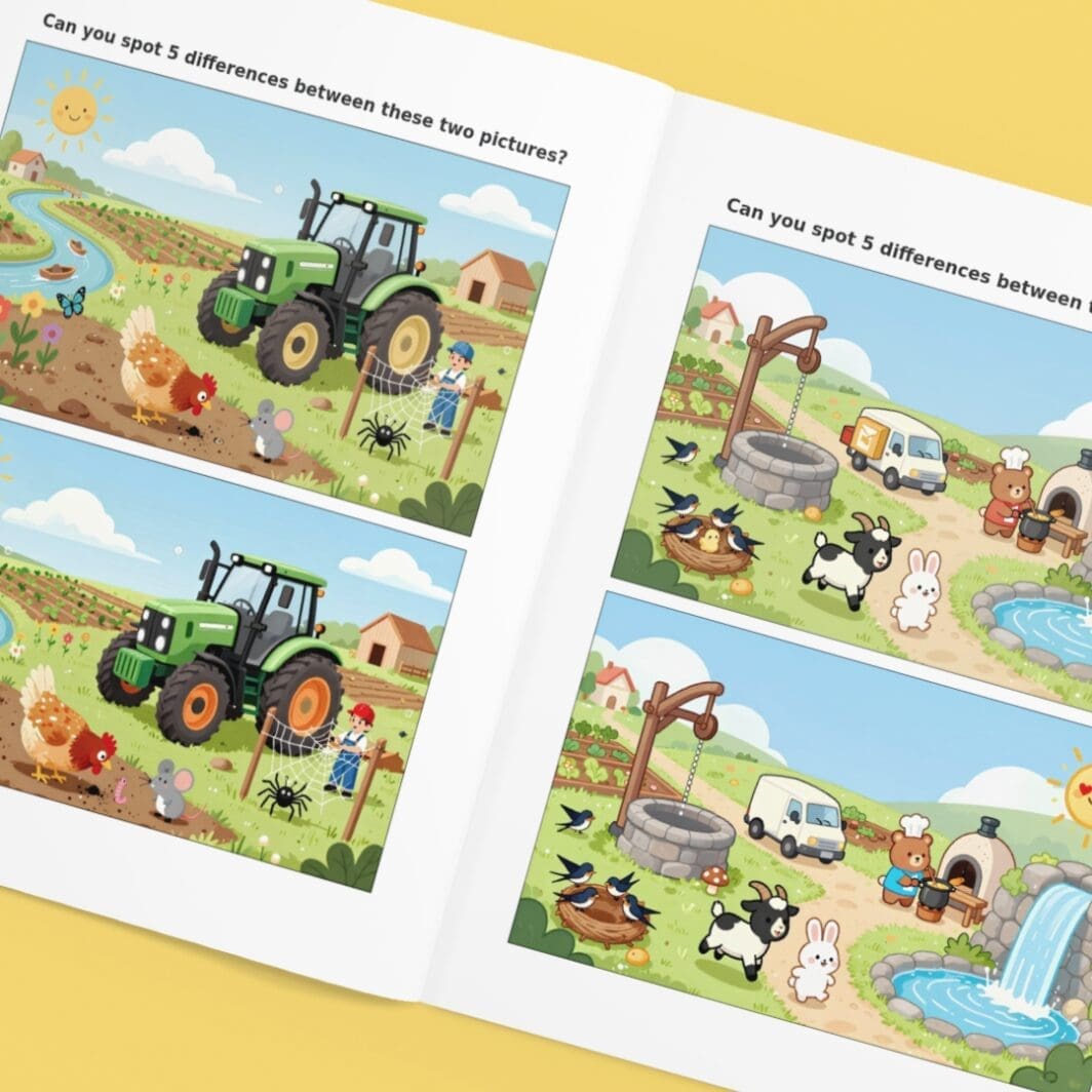 Barn Life find the 5 differences activity for kids featuring colorful farm animals and cheerful barn scenes, printable A4 landscape puzzle pages for learning and fun