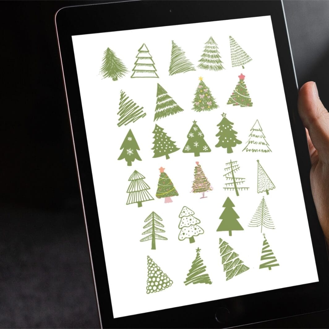 A collection of 28 hand-drawn green Christmas tree illustrations in various styles and shapes, arranged in rows on a white background, designed as printable holiday stickers