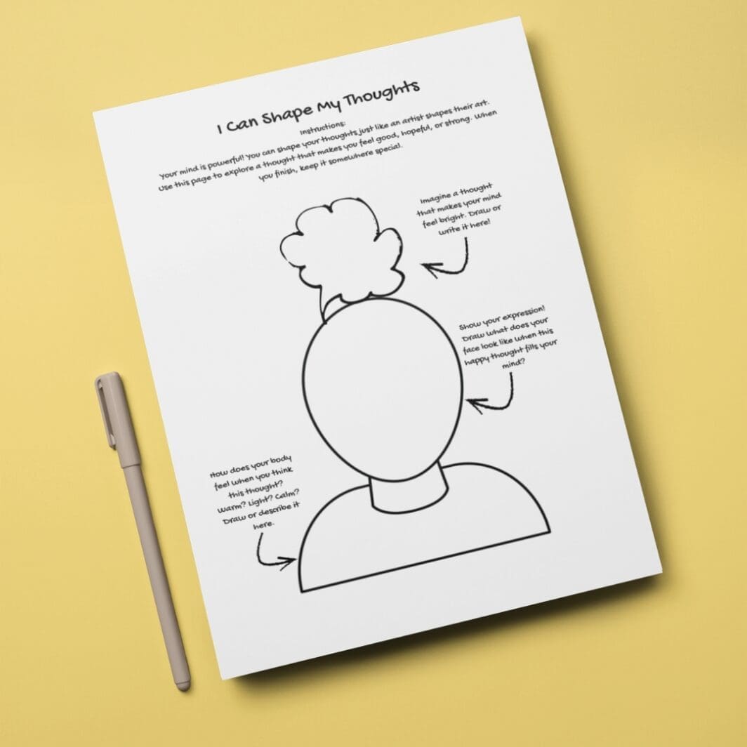 Kid-friendly mindfulness worksheet titled ‘I Can Shape My Thoughts,’ featuring playful illustrations, a large thought bubble for drawing or writing, a face outline for expressing emotions, a body outline for describing feelings, and colorful elements designed to help children explore positive thoughts and emotions.