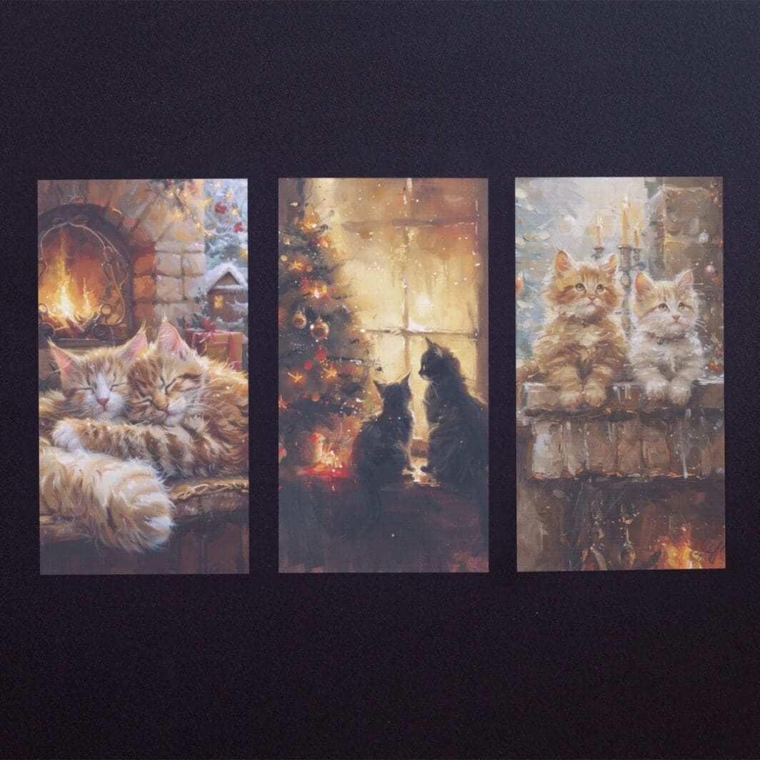 Set of four thick Christmas greeting cards featuring oil painting–style illustrations of cozy festive cats by a fireplace, warm glowing lights, and winter décor, designed as premium 14 × 10 cm holiday cards.