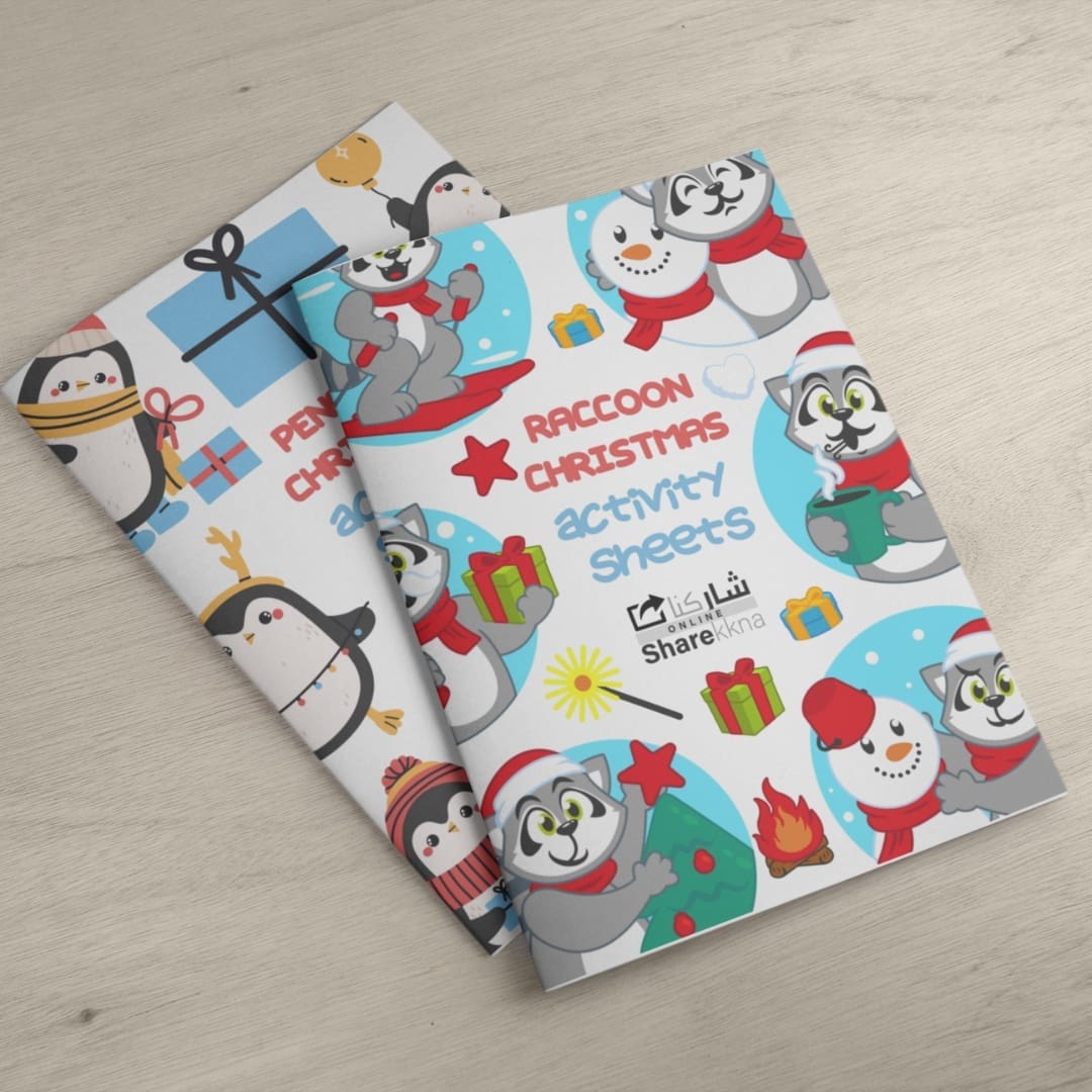 Colorful cover page for the Raccoon Christmas Activity Sheets pack, showing adorable raccoons in Christmas outfits surrounded by holiday decorations, snowflakes, gifts, and festive icons, designed for toddlers and preschoolers ages 2–5