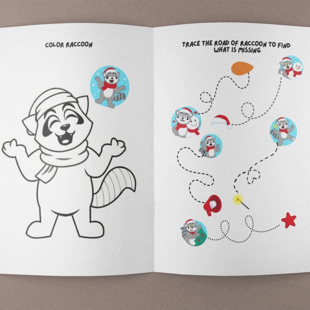 Colorful cover page for the Raccoon Christmas Activity Sheets pack, showing adorable raccoons in Christmas outfits surrounded by holiday decorations, snowflakes, gifts, and festive icons, designed for toddlers and preschoolers ages 2–5