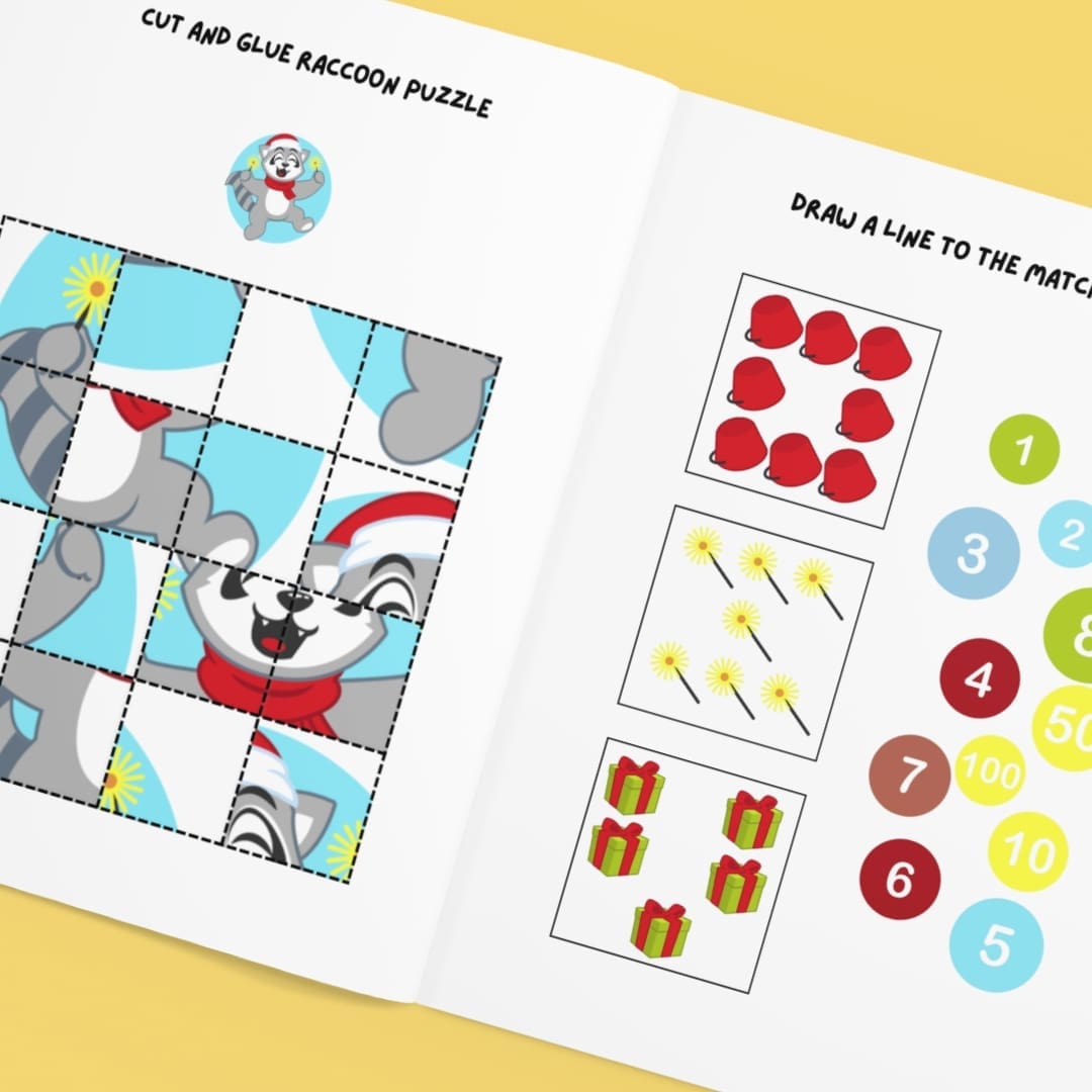 Colorful cover page for the Raccoon Christmas Activity Sheets pack, showing adorable raccoons in Christmas outfits surrounded by holiday decorations, snowflakes, gifts, and festive icons, designed for toddlers and preschoolers ages 2–5