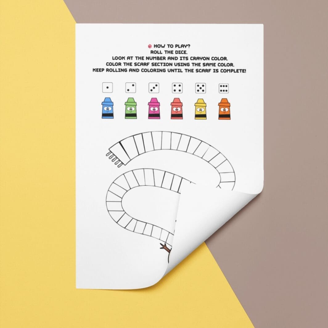 Printable kids activity sheet featuring a snowman with a long scarf divided into sections. Children roll a dice and color the scarf sections based on the dice number and matching crayon color. Winter-themed, playful and educational.