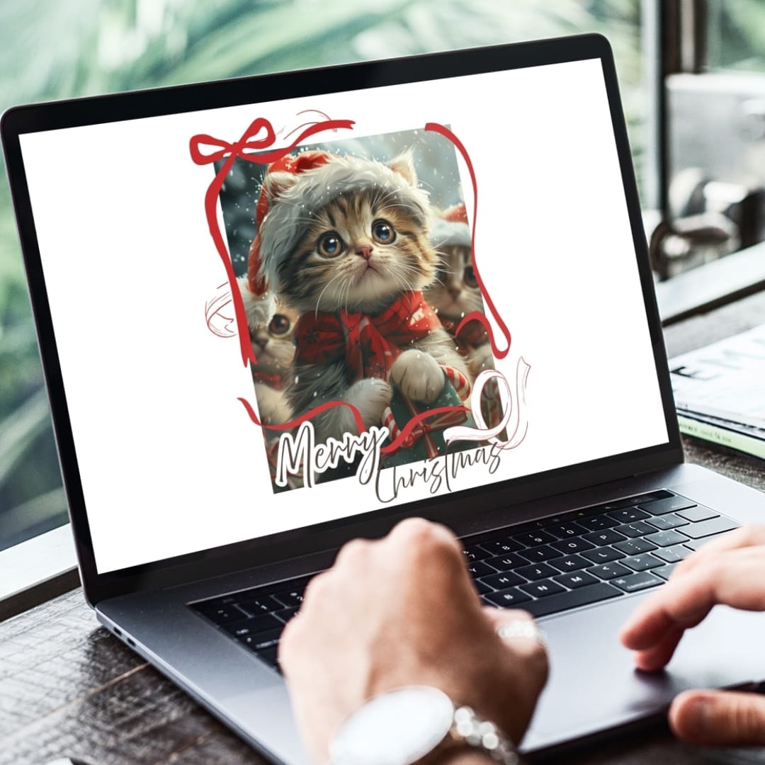 Adorable Santa cat Christmas card design featuring a cute kitten in a festive sweater and Santa hat, surrounded by holiday decorations and the text “Merry Christmas,” designed as a digital and printable holiday greeting card.