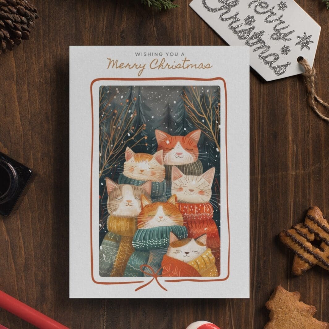Animate this Scandinavian Christmas card illustration in a gentle, cozy style. Keep the two cats exactly the same with consistent character design and proportions. Add soft falling snow drifting slowly from top to bottom. Create subtle blinking and slight breathing movement in the cats for a calm, lifelike feel. Gently sway the background trees and softly animate the snowfall depth for a winter atmosphere. Add a warm, peaceful glow with minimal motion—no camera zoom, no distortion, no style change. Maintain the painterly, Scandinavian illustration aesthetic throughout.
