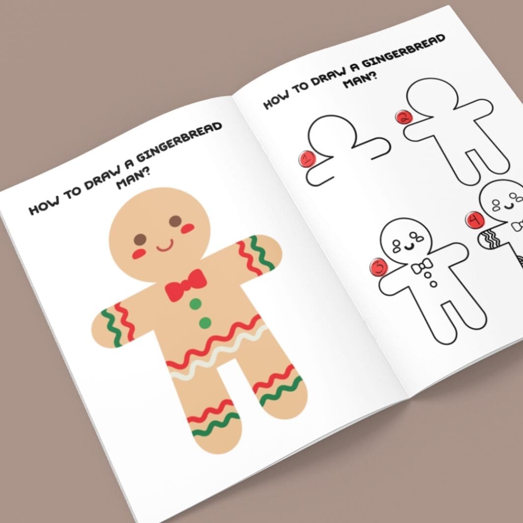 Guide for kids showing how to draw a gingerbread man step-by-step, with a cute finished gingerbread character decorated with colorful icing and buttons