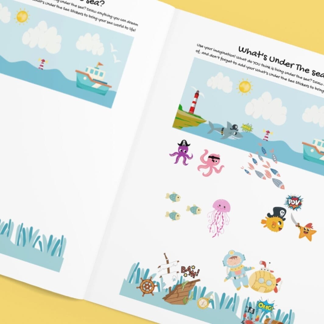 Illustration of a pirate starfish holding a sword playfully dueling with a pirate pufferfish underwater, both pausing to look at a bright orange submarine passing by. Cute, colorful, child-friendly ocean characters designed for an animated under-the-sea scene