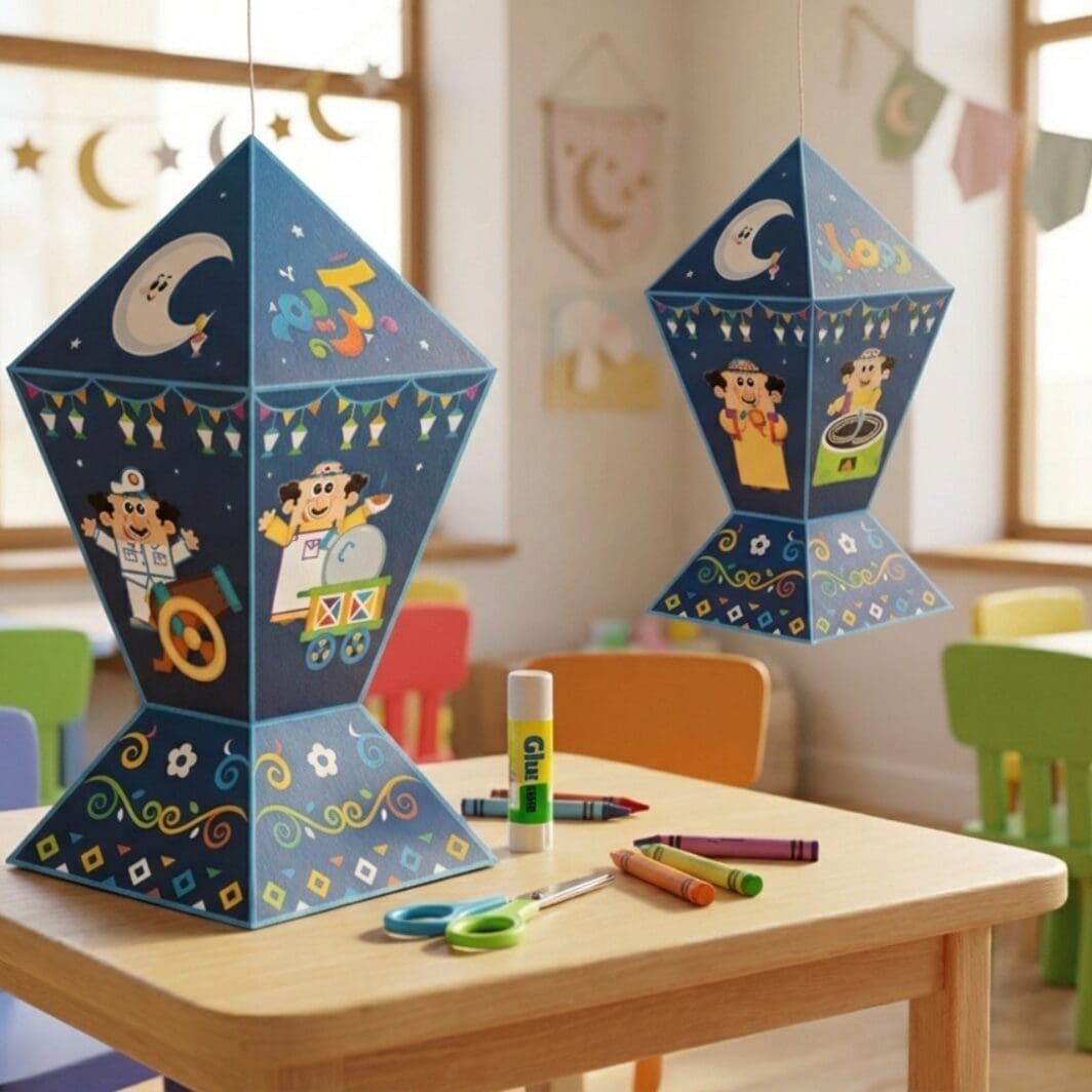 Mini Fanous die-cut activity sheet for kids featuring a printable Ramadan lantern craft with cut, fold, and glue design on a clean white background.