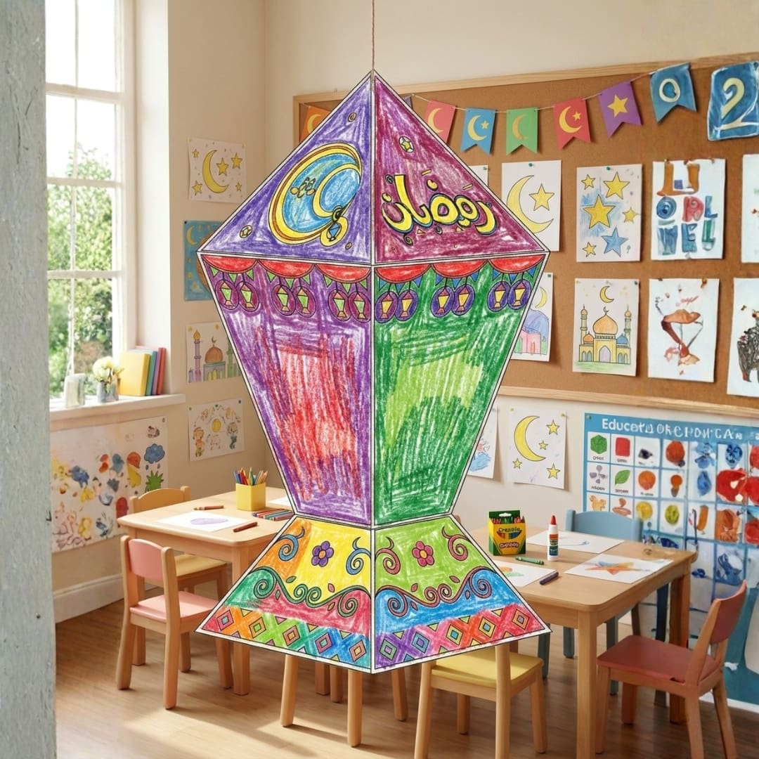 Printable “Build and Color Ramadan Fanous” cover showing a black-and-white DIY lantern template with bold outlines, designed for kids to color, cut, and assemble for Ramadan.