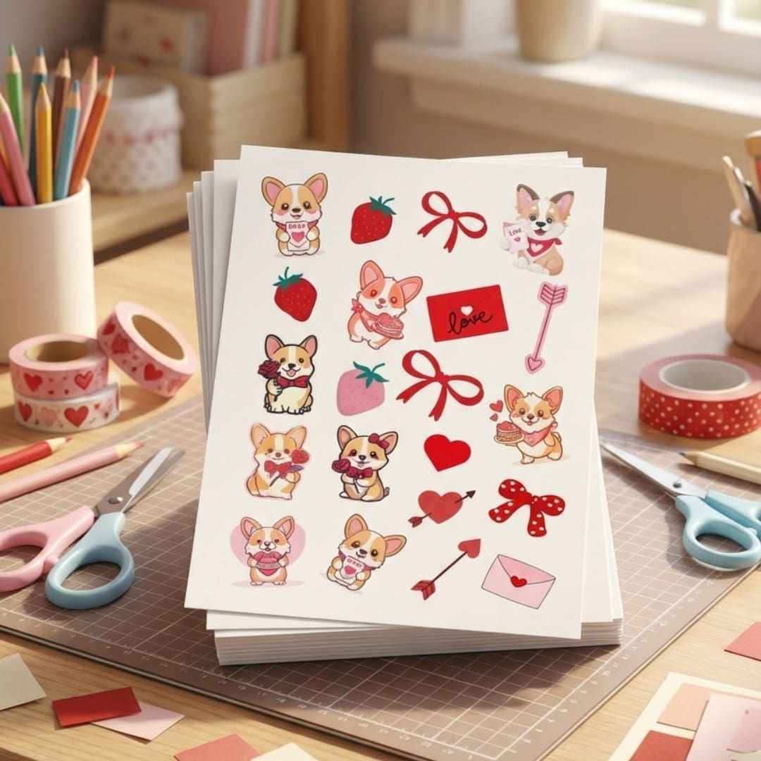 Corgi Valentine Just Minis pocket-size sticker sheets featuring cute corgi and heart illustrations