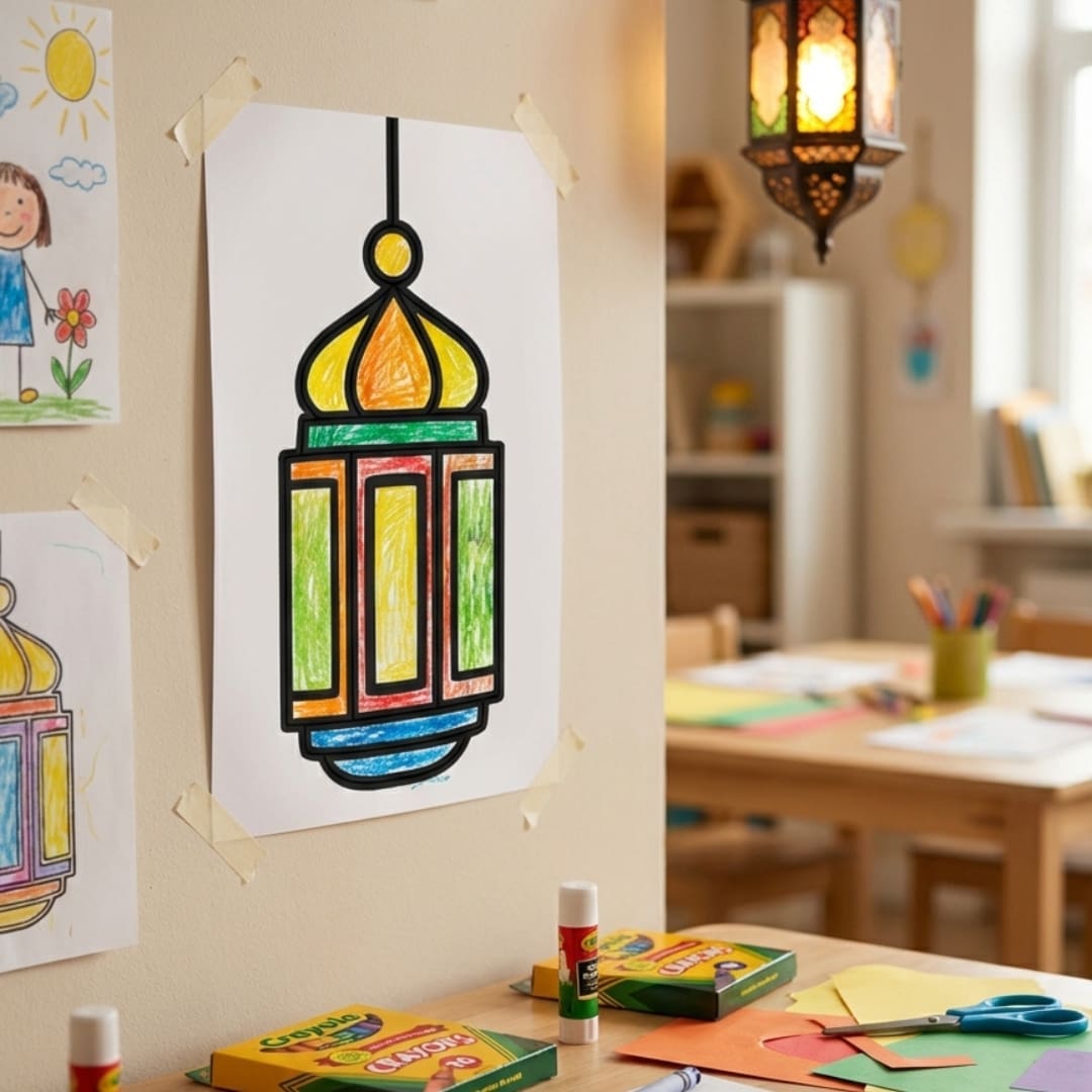Black and white coloring page cover featuring two detailed Ramadan lanterns (fanous) with bold, thick outlines and geometric patterns, designed for young children to color.