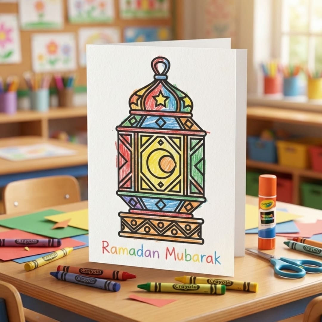 Black and white coloring page cover featuring two detailed Ramadan lanterns (fanous) with bold, thick outlines and geometric patterns, designed for young children to color.