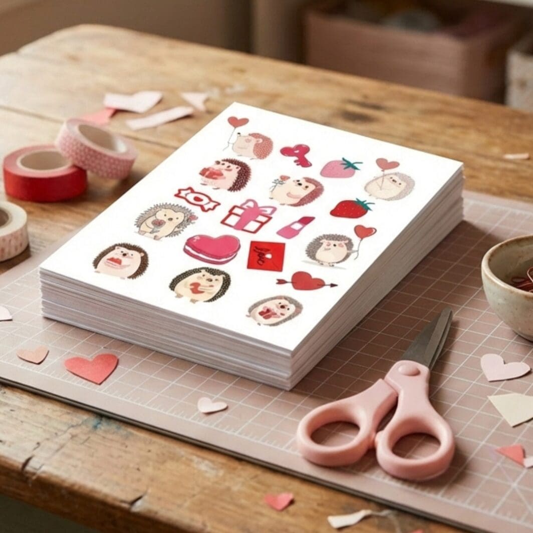 Cute hedgehog love mini stickers on a white background, featuring small illustrated hedgehogs holding red roses, gift boxes, cakes, hearts, strawberries, bows, and love letters, arranged as a printable A4 sticker sheet