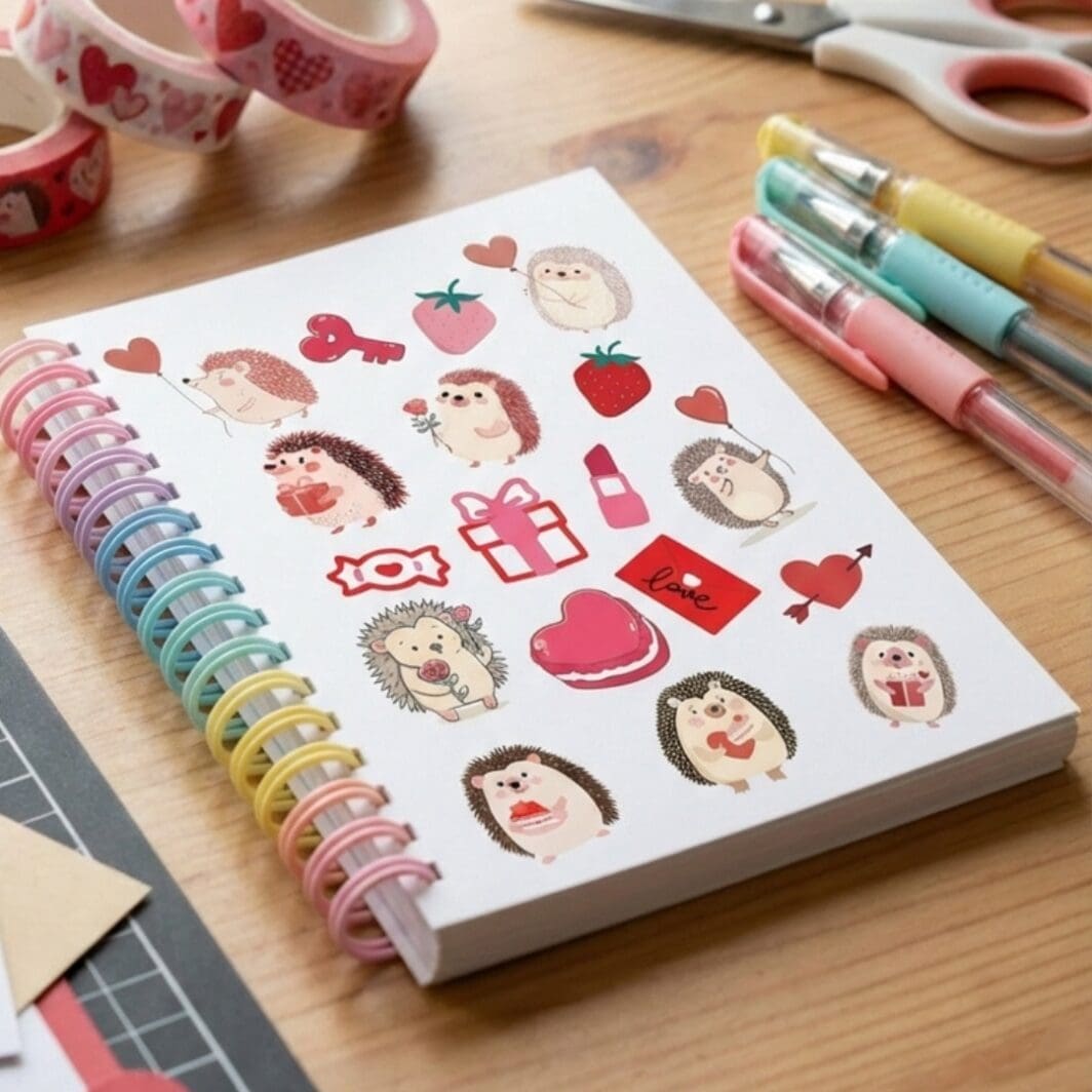 Cute hedgehog love mini stickers on a white background, featuring small illustrated hedgehogs holding red roses, gift boxes, cakes, hearts, strawberries, bows, and love letters, arranged as a printable A4 sticker sheet