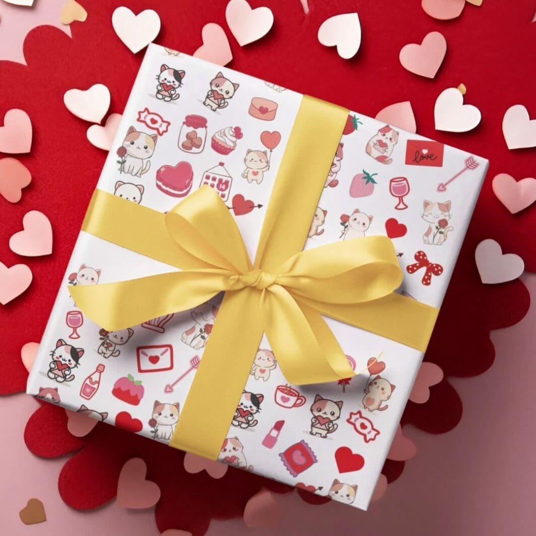 Cute kitty cat love mini stickers on a white background, featuring small illustrated hedgehogs holding red roses, gift boxes, cakes, hearts, strawberries, bows, and love letters, arranged as a printable A4 sticker sheet.