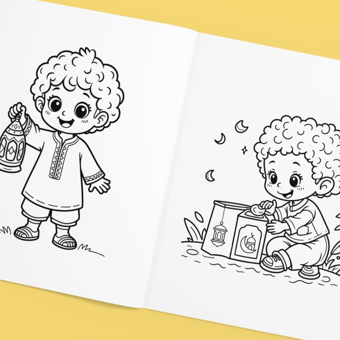 Black and white Ramadan coloring book cover titled “Lantern Boy Coloring Pages,” featuring a cute smiling curly-haired boy holding a traditional Ramadan lantern (fanous), surrounded by simple mosque illustrations and stars, designed for young children.